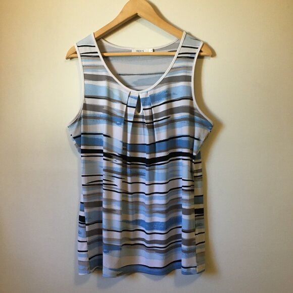 Blue and White Artistic Paint Brush Stroke Keyhole Pleated Collar Tank Top - Picture 2 of 14